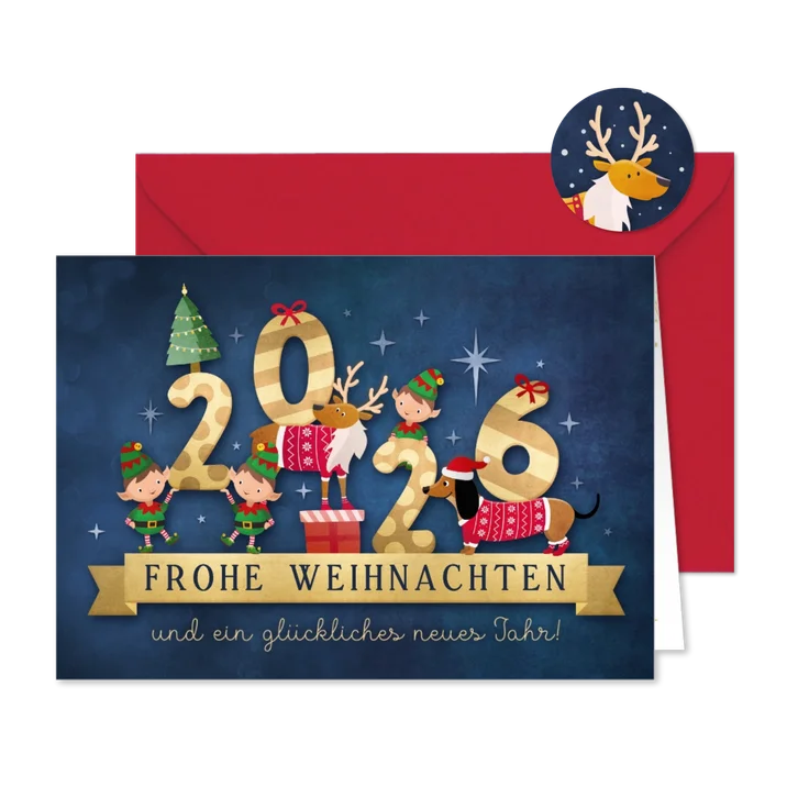 Weihnachtskarte Weihnachtselfen, Rentier & Dackel