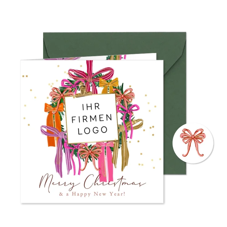 Weihnachtskarte Weihnachtskranz mit Schleifen rosa bunt Logo