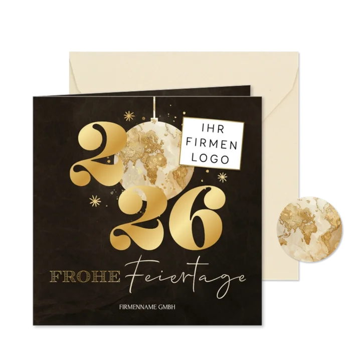 Weihnachtskarte Weltkarte Weihnachtskugel 2026 Logo