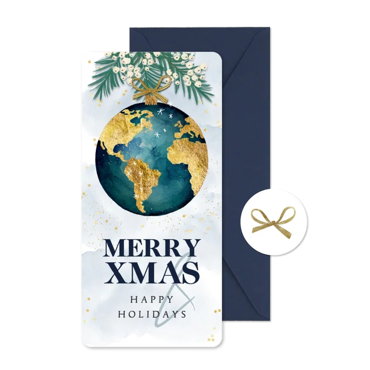 Weihnachtskarte Weltkugel 'Merry XMAS & Happy Holidays'