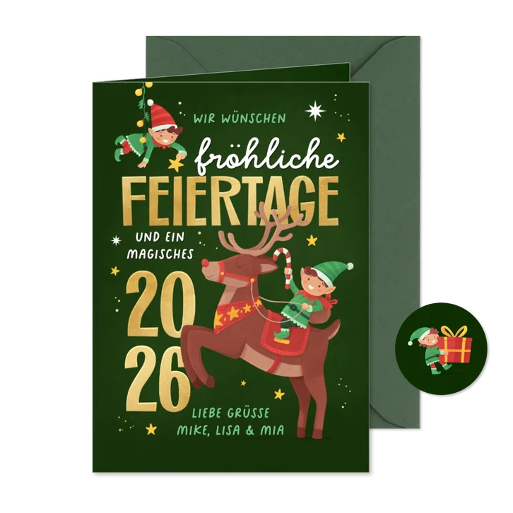Weihnachtskarte Wichtel Rentier Feiertage 2026 lustig