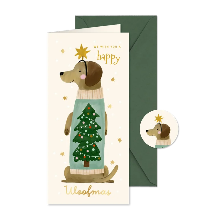 Weihnachtskarte 'Woofmas' Dackel mit Pulli Hochformat