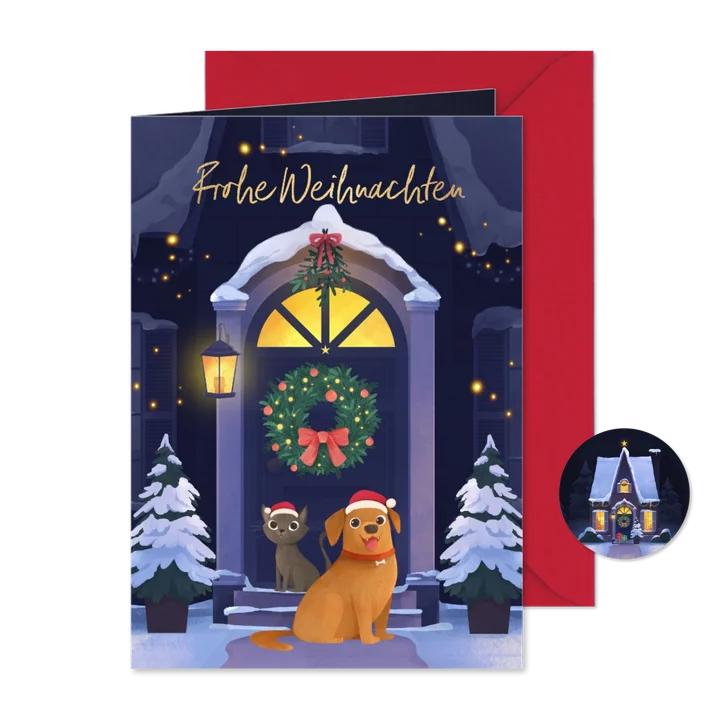 Weihnachtskarte zum Umzug Hund & Katze im Schnee
