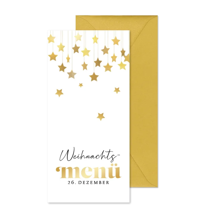 Weihnachtsmenü goldene Sterne auf weiß Karte 