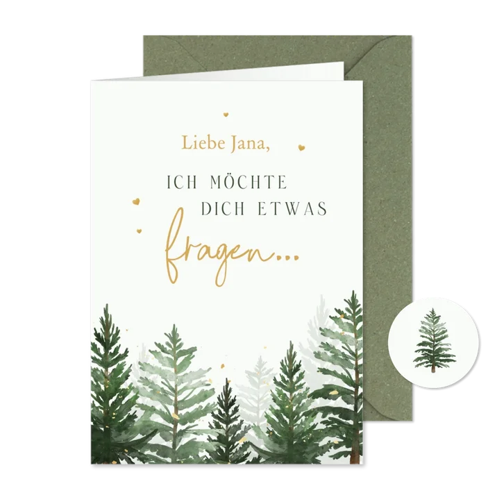 Winter Hochzeit Karte Trauzeugin fragen Tannenbäume