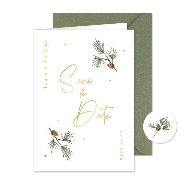 Winter Save-the-Date-Hochzeitskarte Tannenzweige