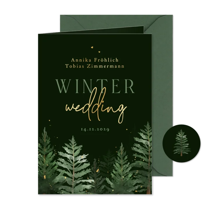 Winterhochzeit Einladungskarte Tannenbäume