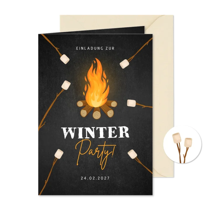 Winterparty Einladungskarte Lagerfeuer mit Marshmallows
