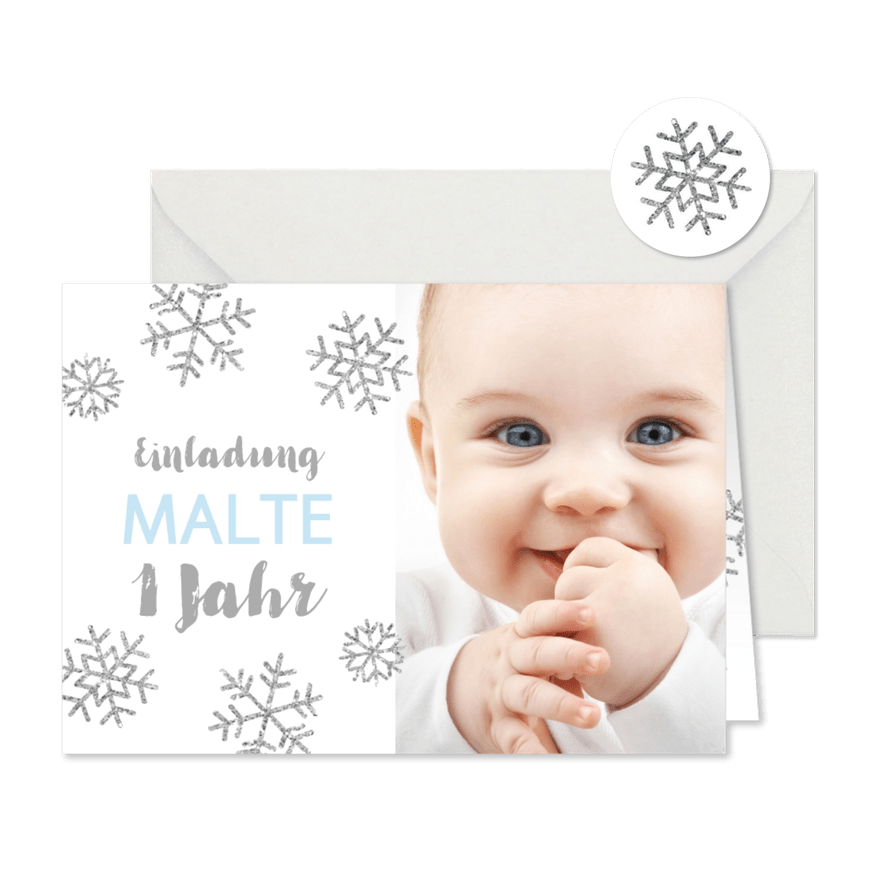 1. Geburtstag Einladung Schneeflocken blau - Karteneindruck