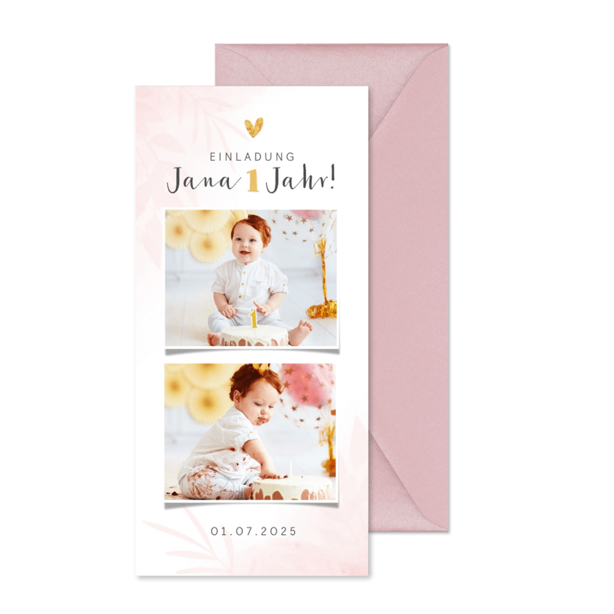 1. Kindergeburtstag Einladung rosa mit 2 Fotos - Karteneindruck
