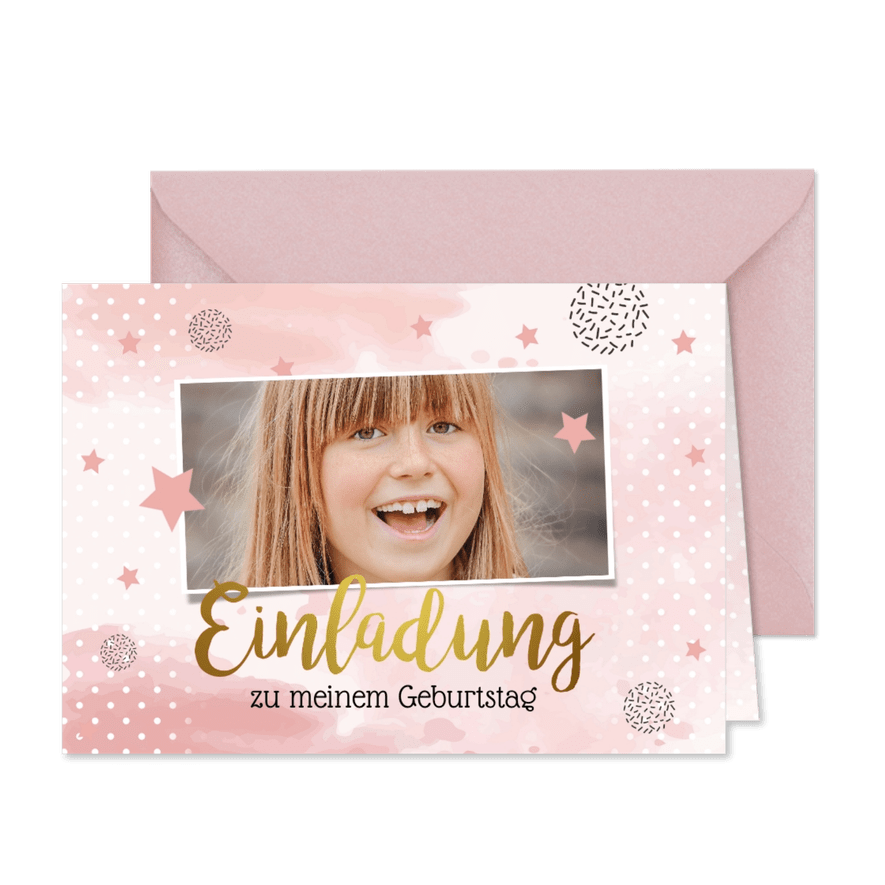 10. Kindergeburtstag Einladung mit rosa Sternchen und Foto - Karteneindruck