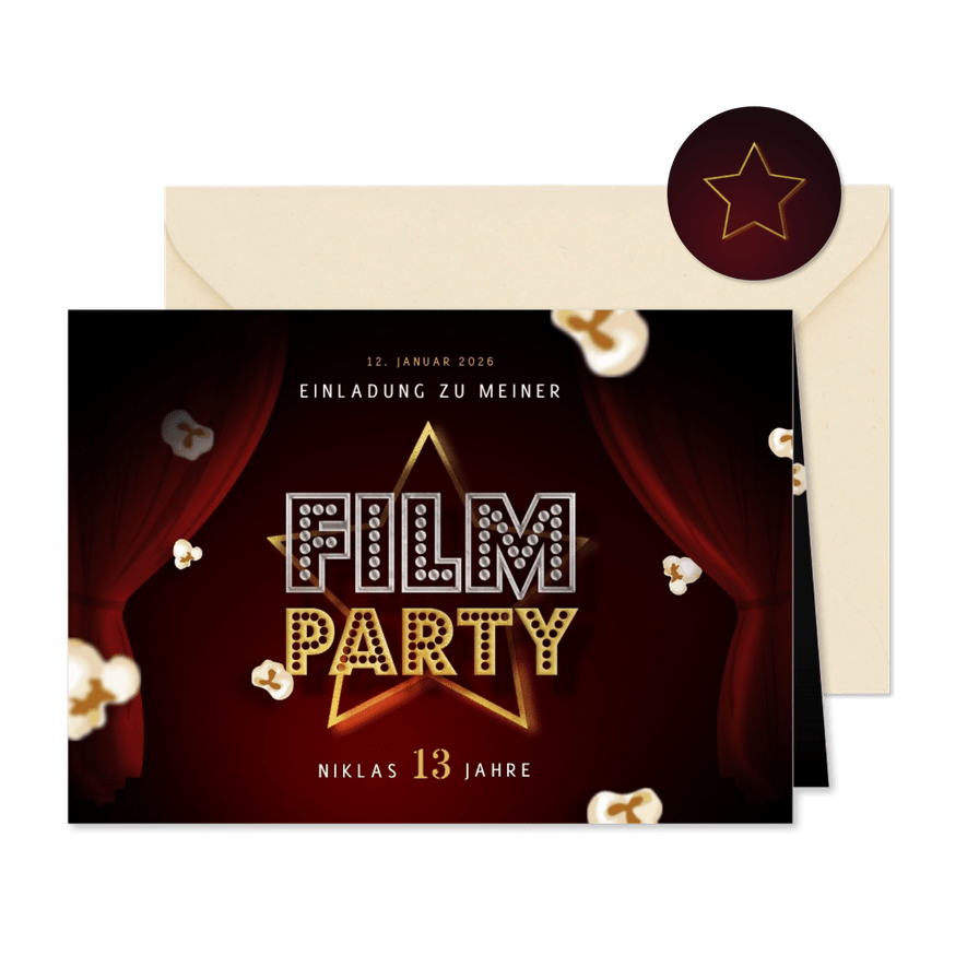 13. Kindergeburtstag Einladung Filmparty Popcorn - Karteneindruck