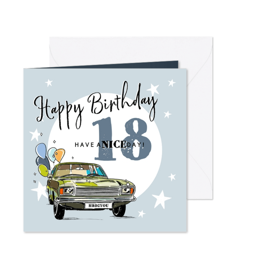 18. Geburtstag Glückwunschkarte mit Auto & Luftballons - Karteneindruck