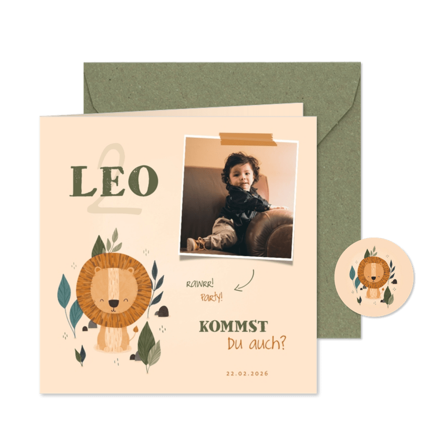 2. Kindergeburtstag Einladung süßer Löwe und Foto - Karteneindruck
