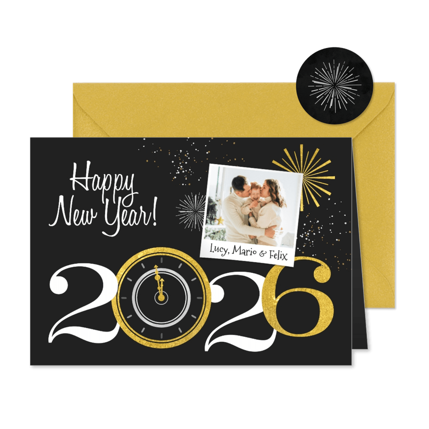 2026 Neujahrskarte mit Uhr und Foto - Karteneindruck
