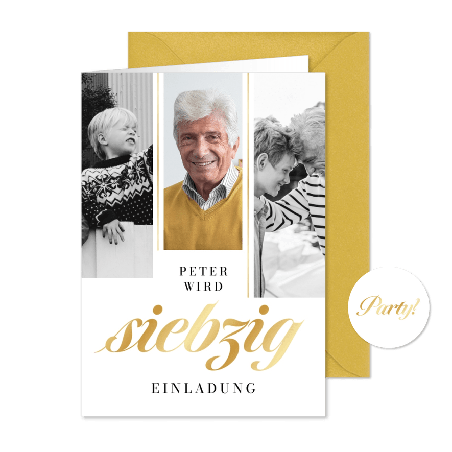 3 Fotos Einladungskarte 70. Geburtstag  - Karteneindruck
