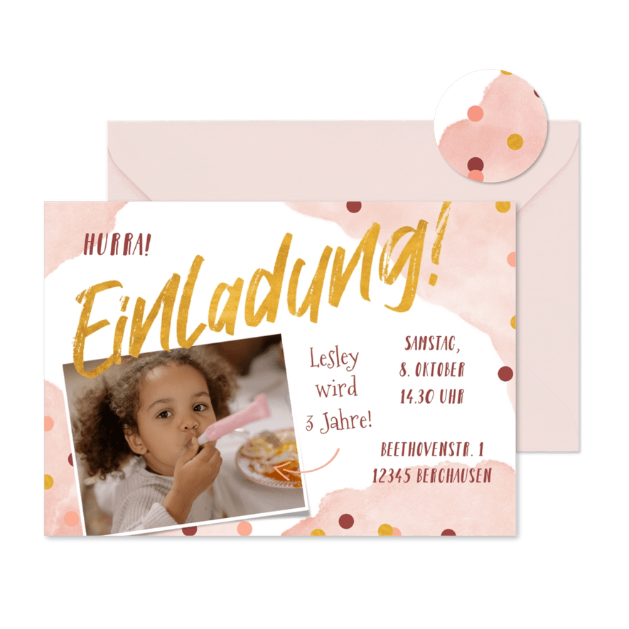 3. Kindergeburtstag Konfetti rosa & Foto Einladung - Karteneindruck
