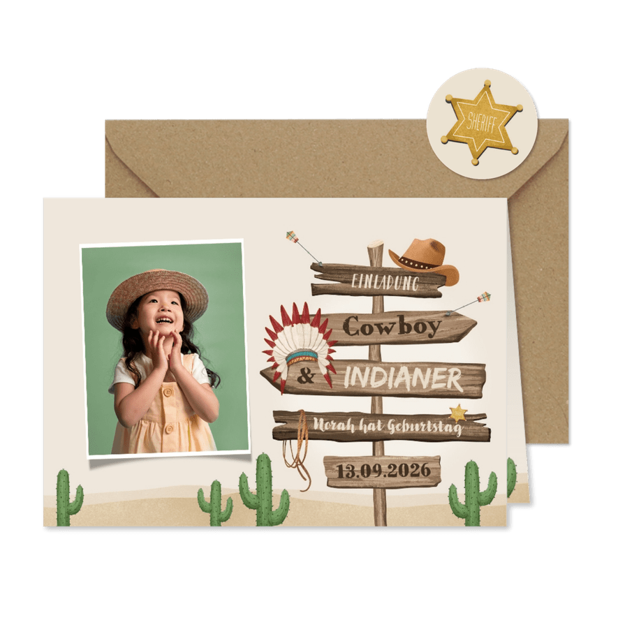 5. Kindergeburtstag Einladung Cowboy & Indianer - Karteneindruck
