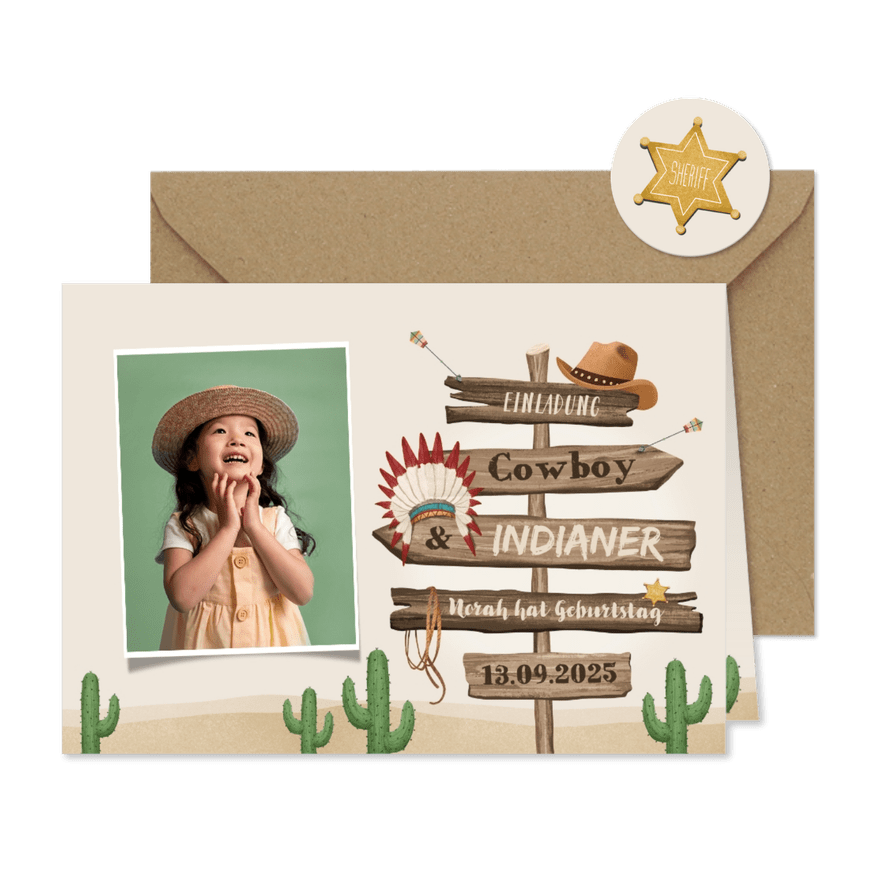5. Kindergeburtstag Einladung Cowboy & Indianer - Karteneindruck