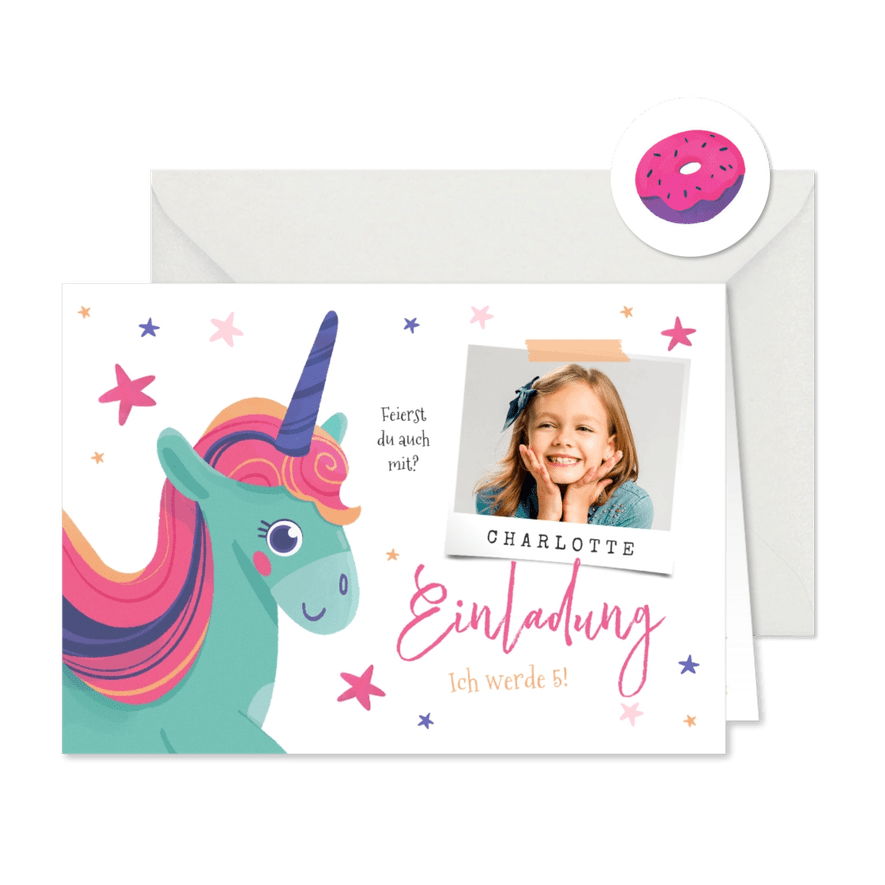 5. Kindergeburtstag Einladungskarte Einhorn & Foto - Karteneindruck