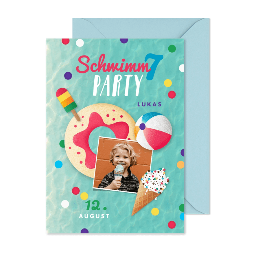 7. Kindergeburtstag Einladung Schwimmparty eigenes Foto - Karteneindruck