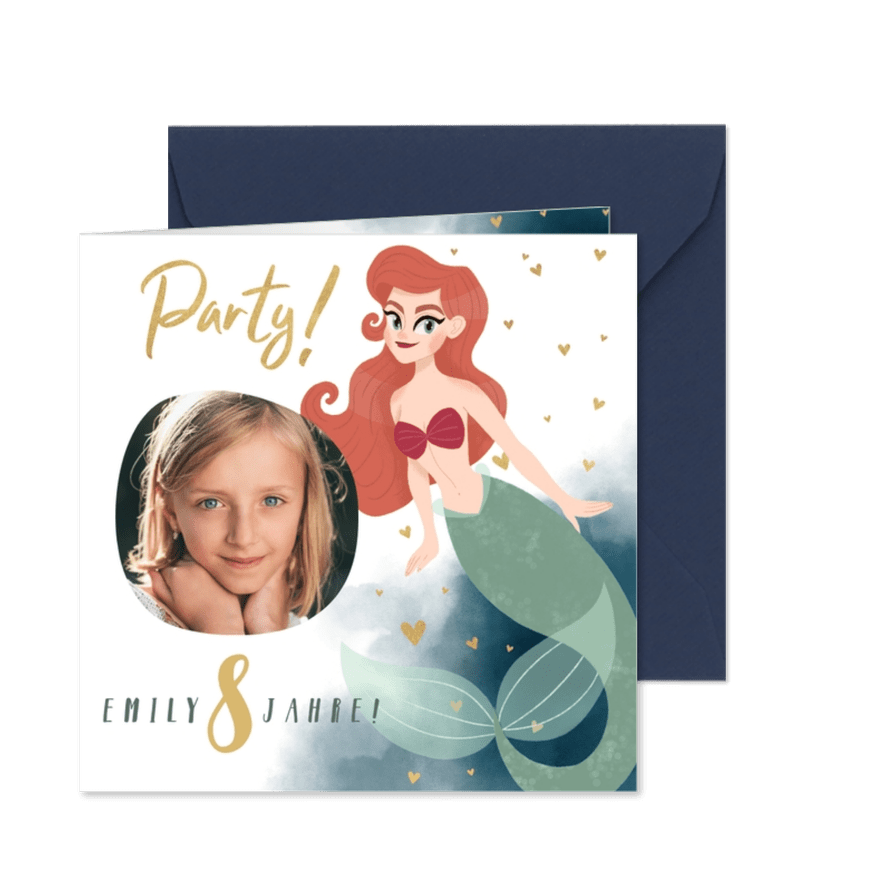 8. Kindergeburtstag Einladung Meerjungfrau Wasserfarbe - Karteneindruck
