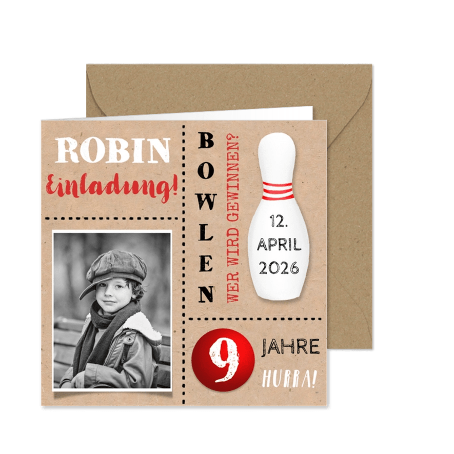 9. Kindergeburtstag Bowling Einladung mit Foto - Karteneindruck
