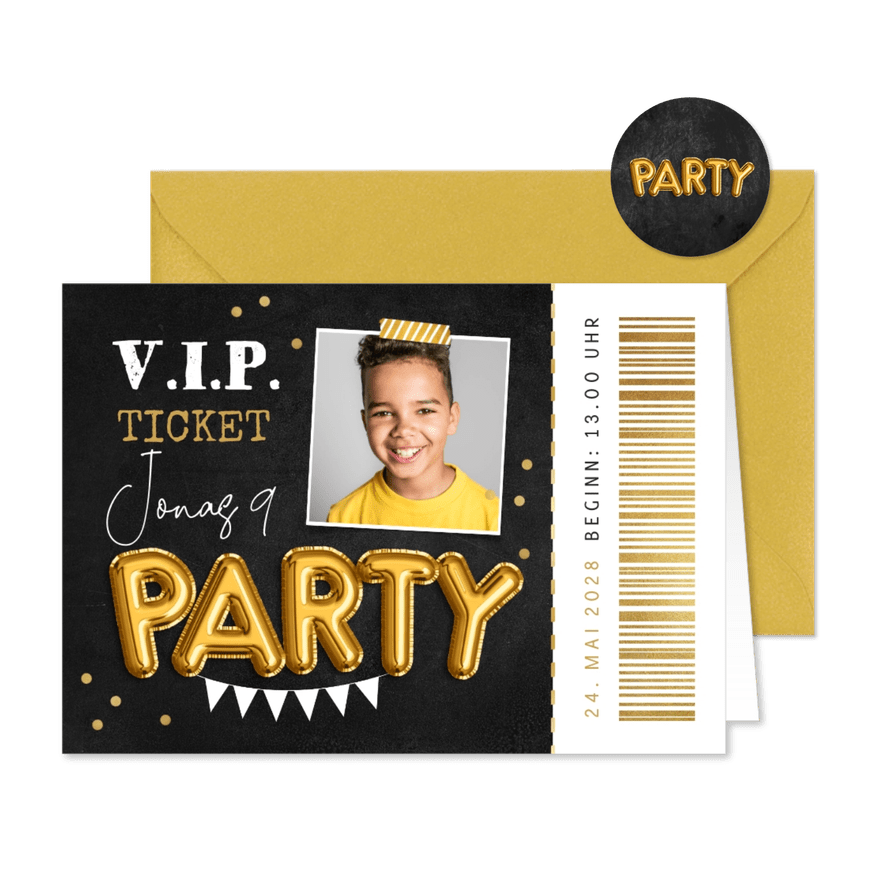 9. Kindergeburtstag Foto-Einladung V.I.P. Ticket - Karteneindruck