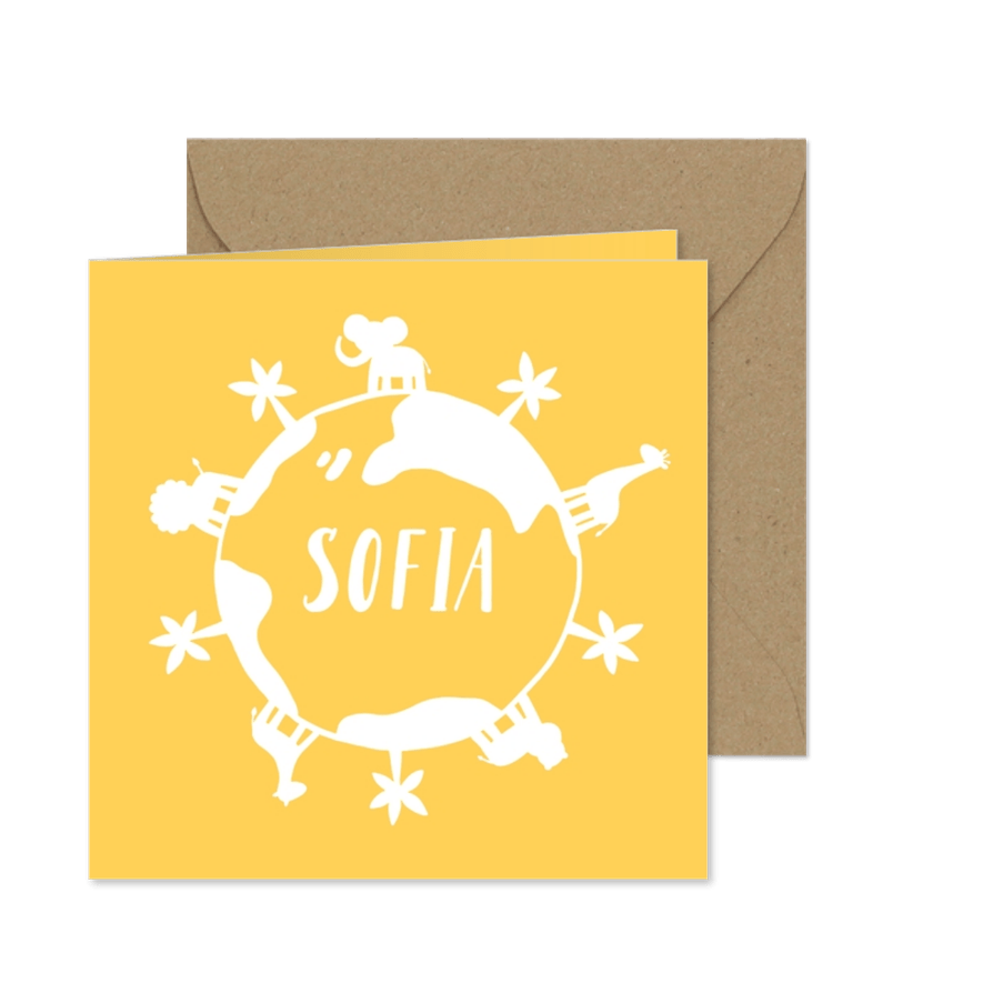 Adoptionskarte Erdkugel mit Tieren gelb - Karteneindruck