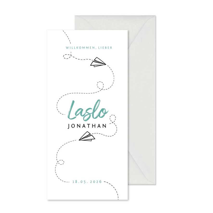 Adoptionskarte Papierflugzeug blau - Karteneindruck
