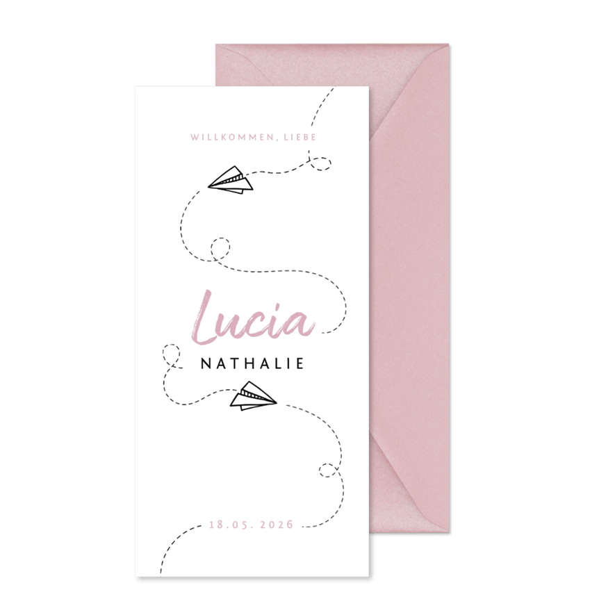 Adoptionskarte Papierflugzeug rosa - Kartenvorschau
