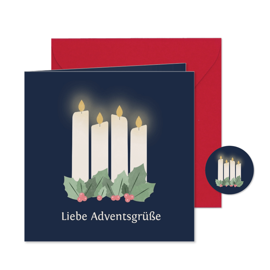 Adventsgrußkarte in Blau 4 weiße Kerzen & Ilexzweige - Karteneindruck
