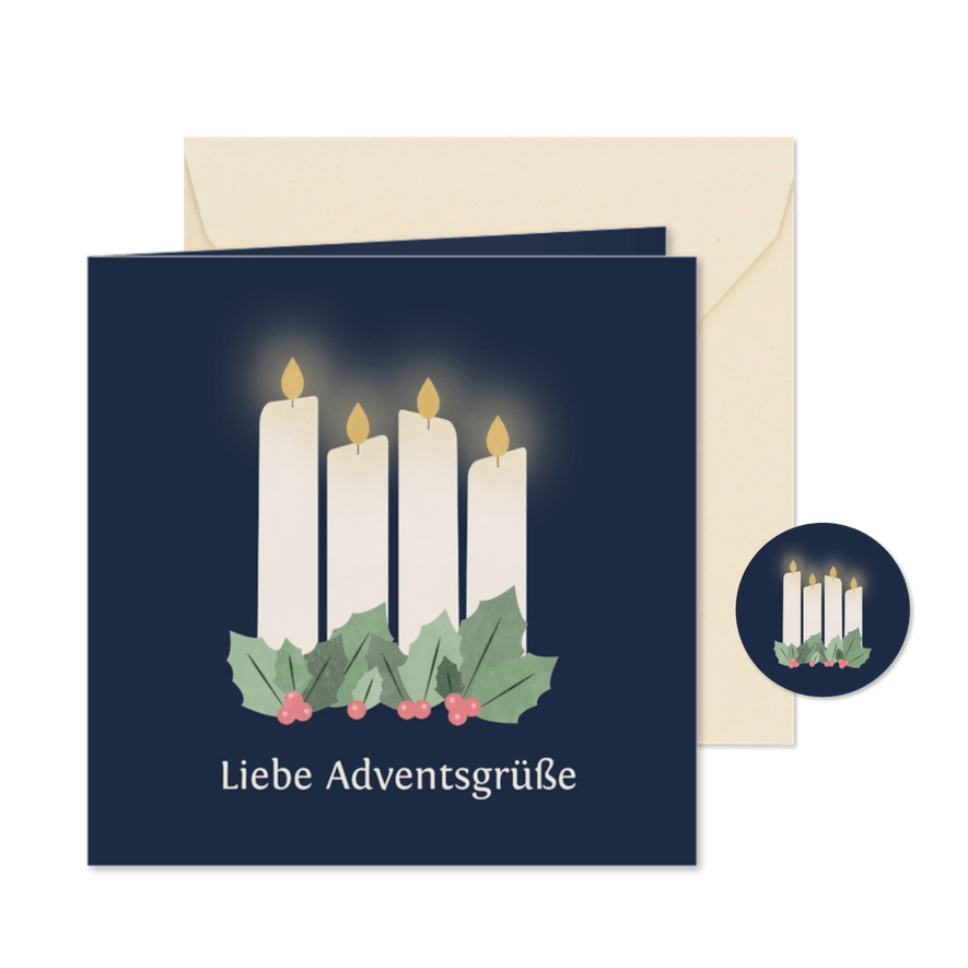 Adventsgrußkarte in Blau 4 weiße Kerzen & Ilexzweige - Karteneindruck