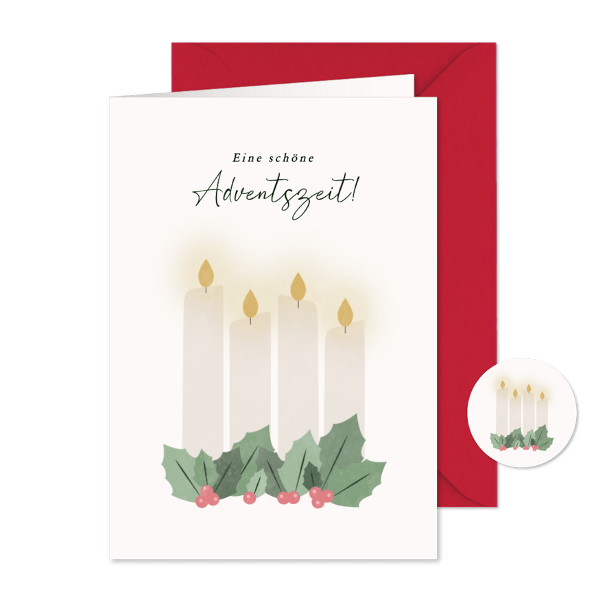 Adventskarte 4 weiße Kerzen & Zweige mit Beeren - Karteneindruck
