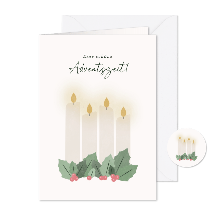 Adventskarte 4 weiße Kerzen & Zweige mit Beeren - Karteneindruck
