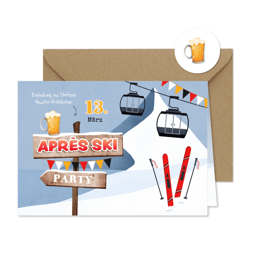 Après-Ski-Party Einladung Schilder & Gondeln - Karteneindruck
