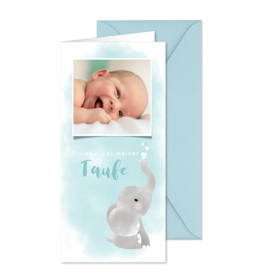 Aquarell Einladung zur Taufe mit Foto und Elefant - Karteneindruck
