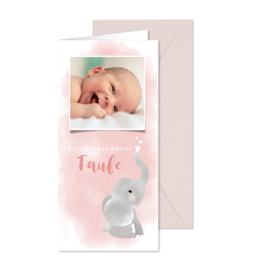 Aquarell Einladung zur Taufe rosa mit Foto und Elefant - Karteneindruck
