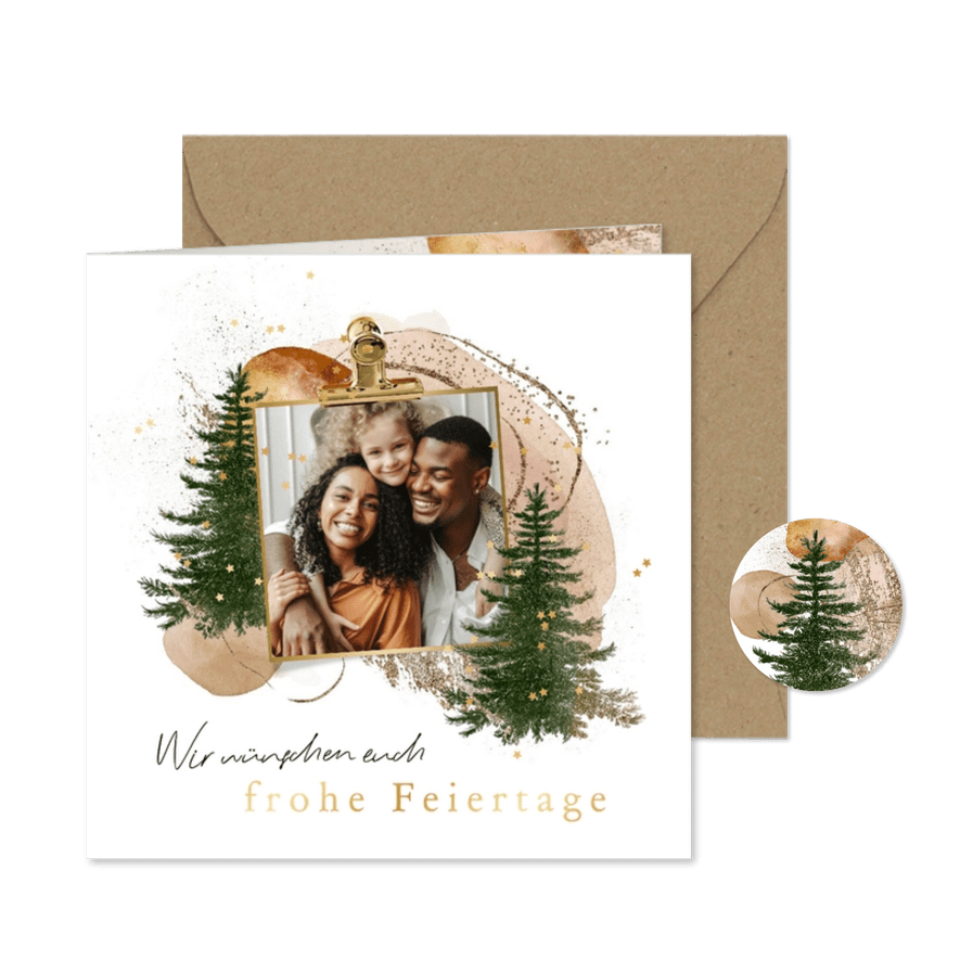 Aquarell-Weihnachtskarte mit Foto und Tannenbäumen Boho - Kartenvorschau