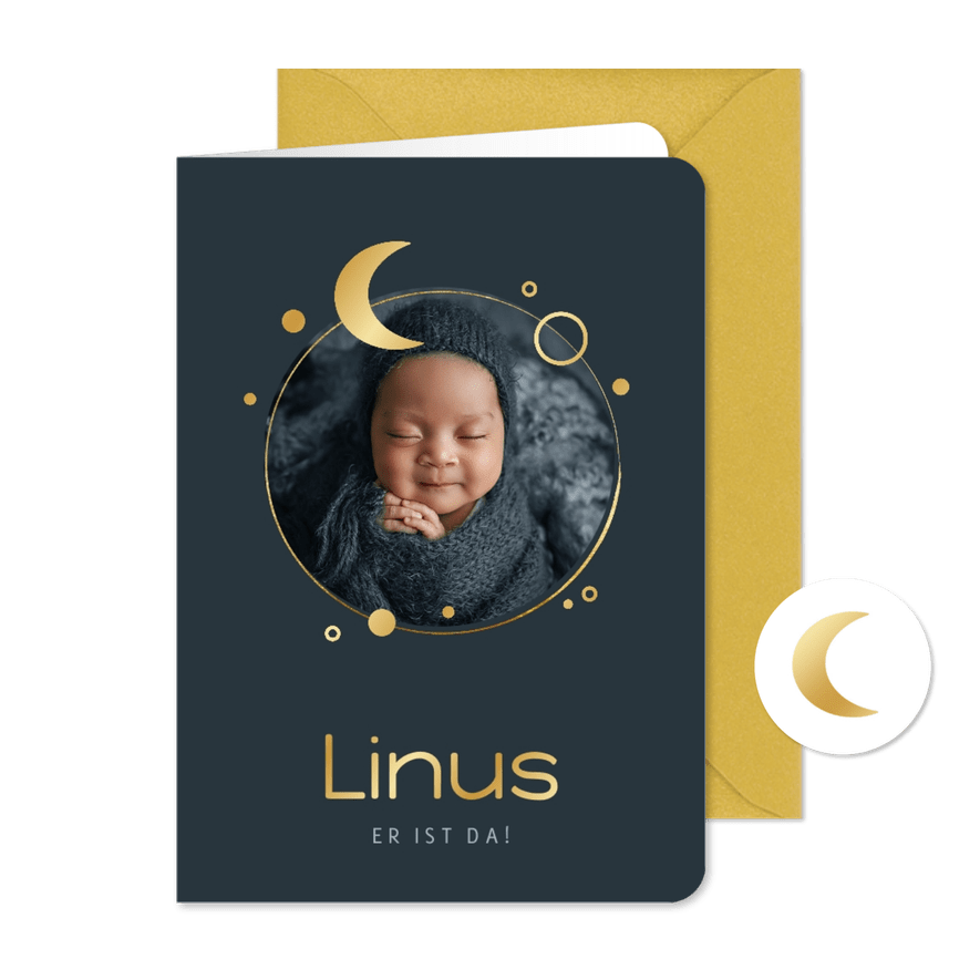 Babykarte nachtblau Foto & Mond in Gold - Karteneindruck
