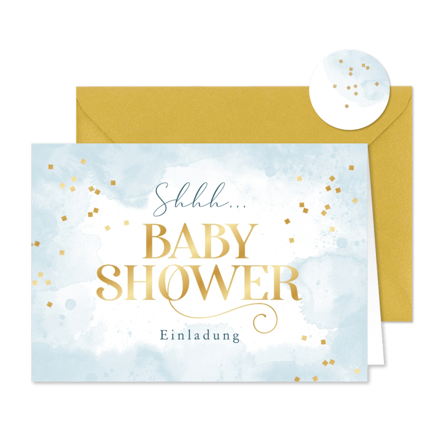 Babyshower-Einladung hellblau mit Goldschrift - Karteneindruck