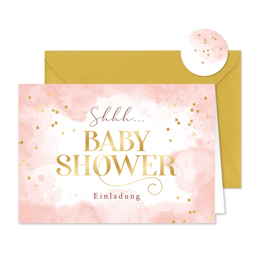 Babyshower-Einladung rosa mit Goldschrift - Kartenvorschau