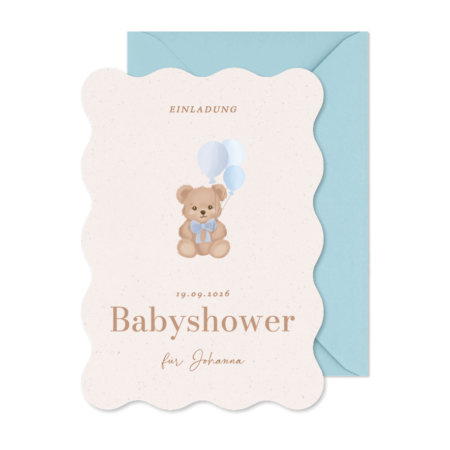 Babyshower Einladung Wellenrand blaue Luftballons Teddybär - Kartenvorschau