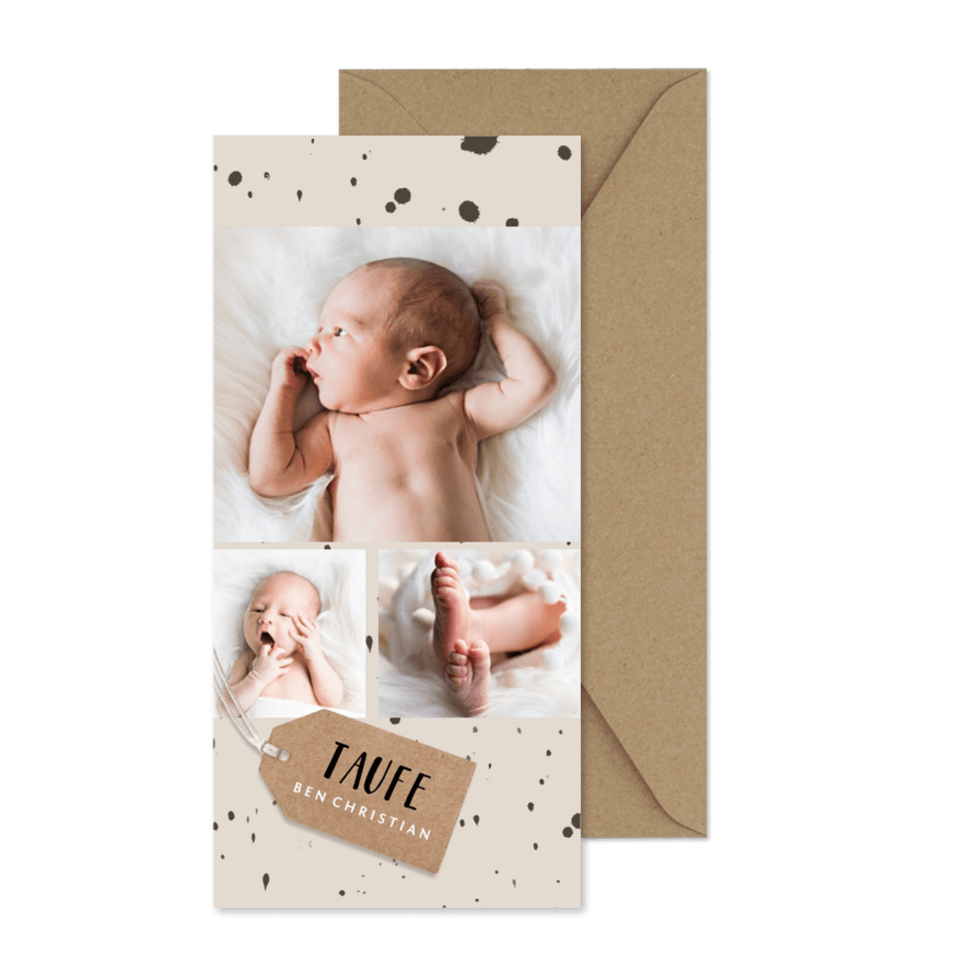 Beige Foto-Einladung zur Taufe schwarze Kleckse - Karteneindruck