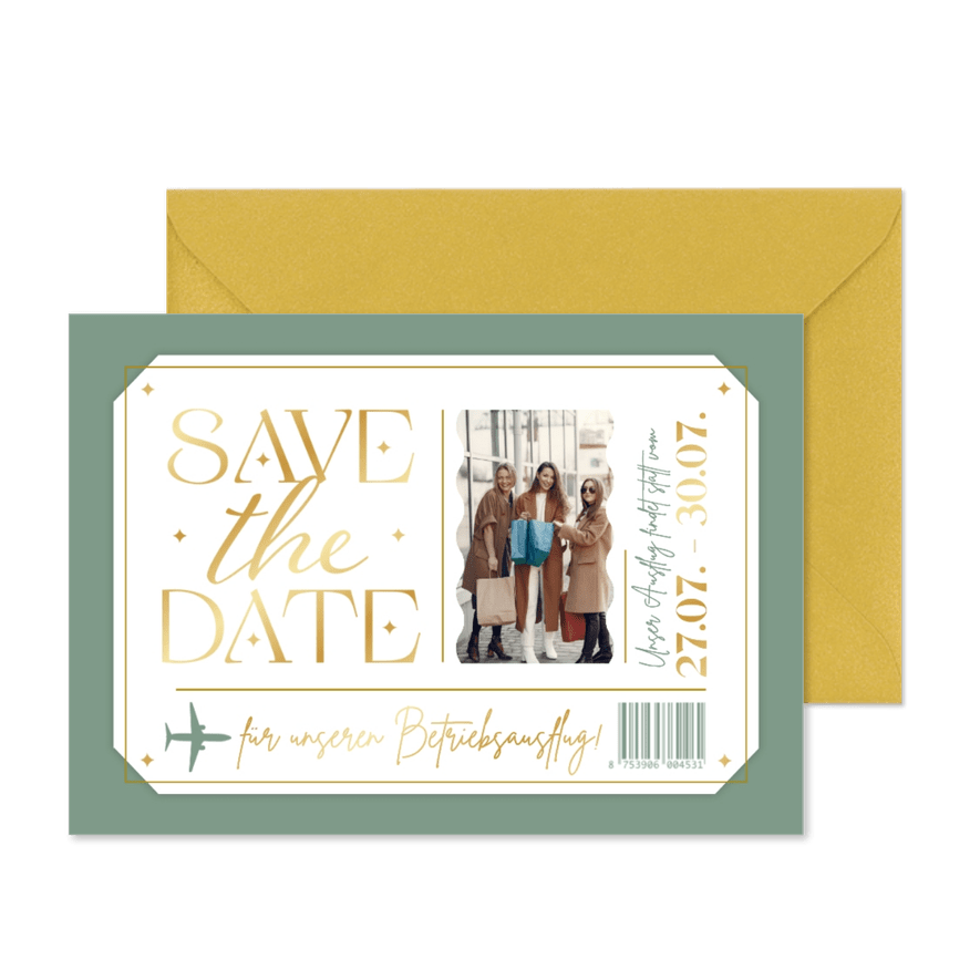 Betriebsausflug Ticketeinladung Foto Save the Date - Karteneindruck

