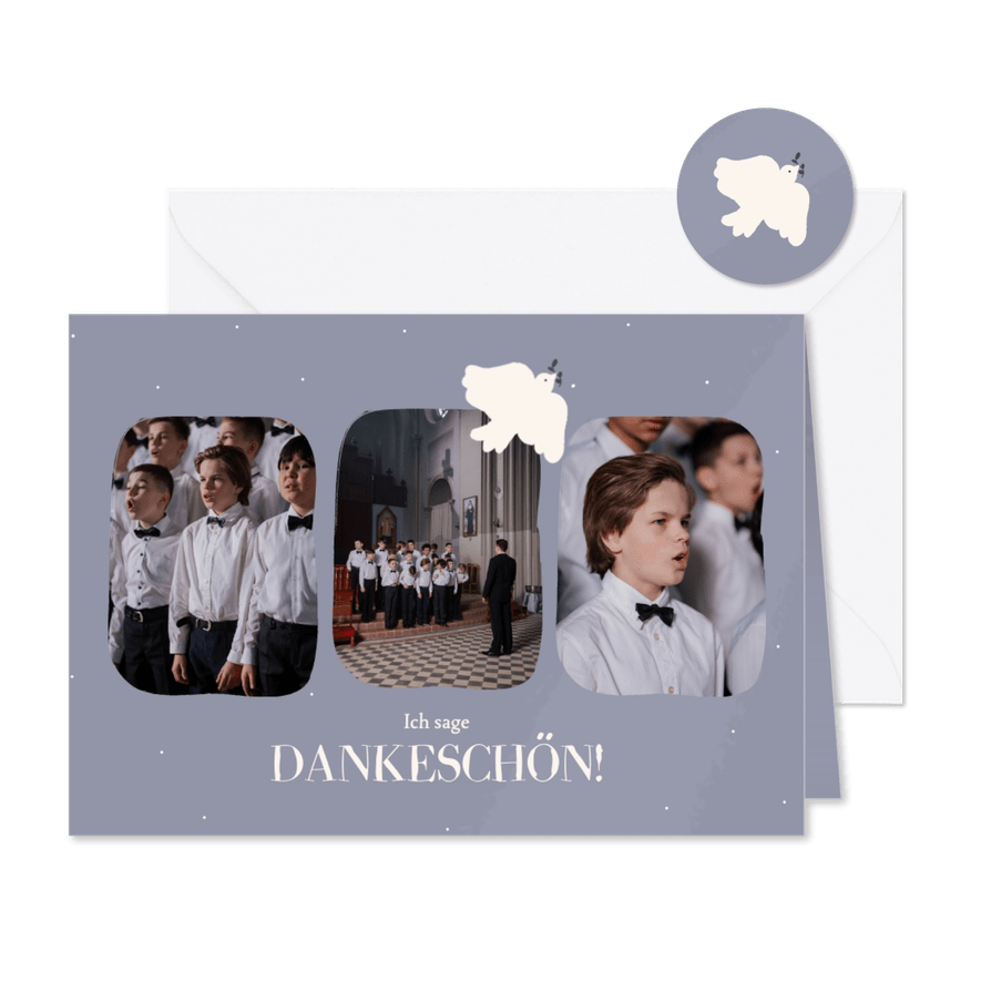 Blaue Dankeskarte Kommunion weiße Taube mit Fotos - Karteneindruck