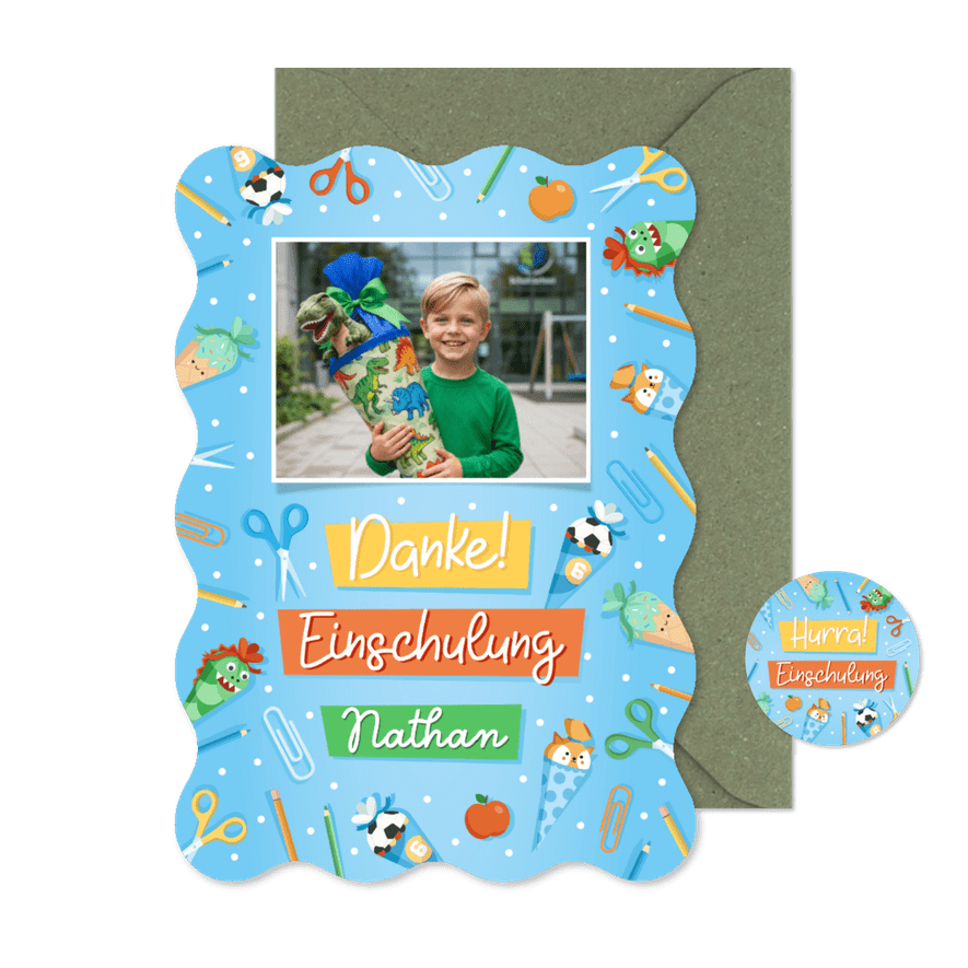  Blaue Foto-Danksagung 1. Schultag Wellenform bunte Symbole - Kartenvorschau
