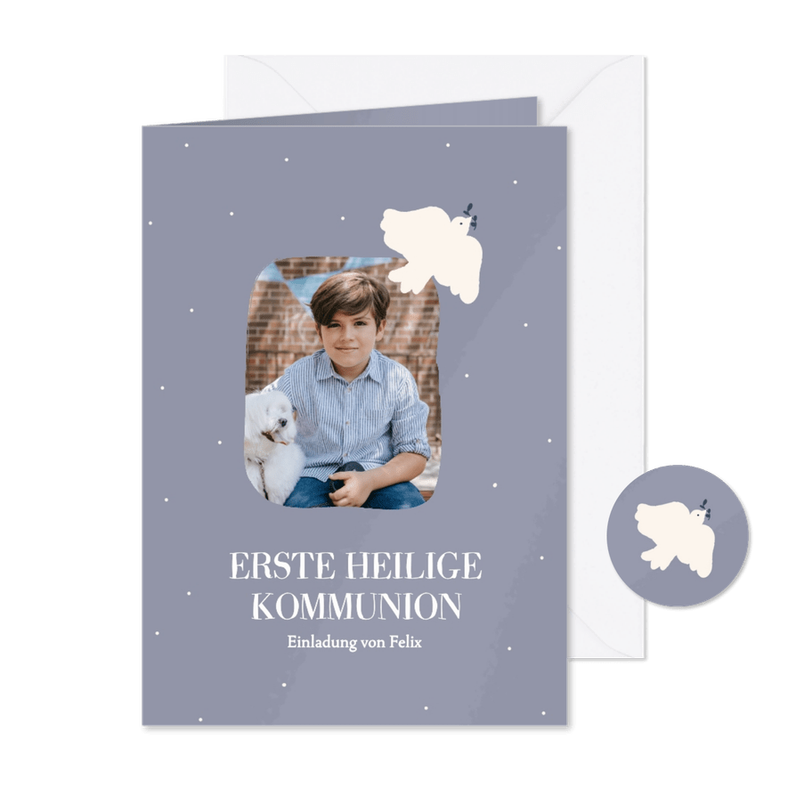 Blaue Kommunionskarte weiße Taube mit Foto - Karteneindruck
