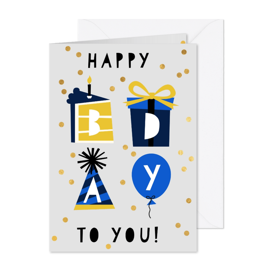 Blaue Konfetti-Glückwunschkarte 'happy bday to you' - Karteneindruck