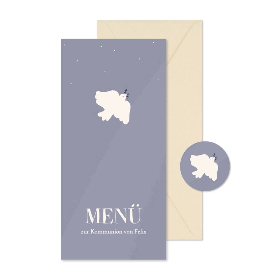 Blaue Menükarte zur Kommunion weiße Taube - Karteneindruck
